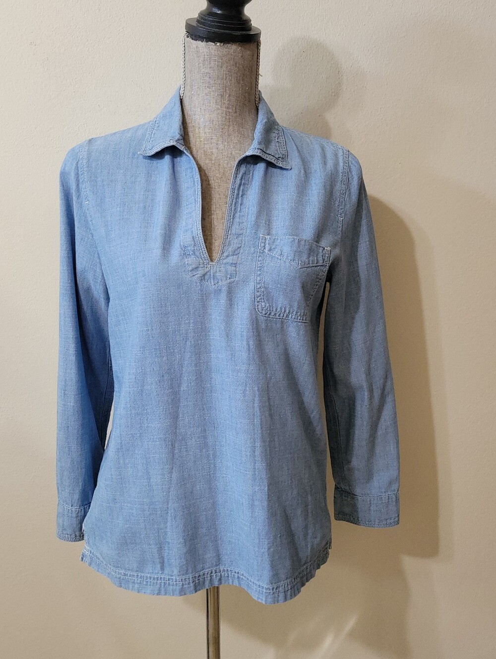 J. Crew Women's Blue Denim Chambray Popover Split-V Neck Popover Shirt
